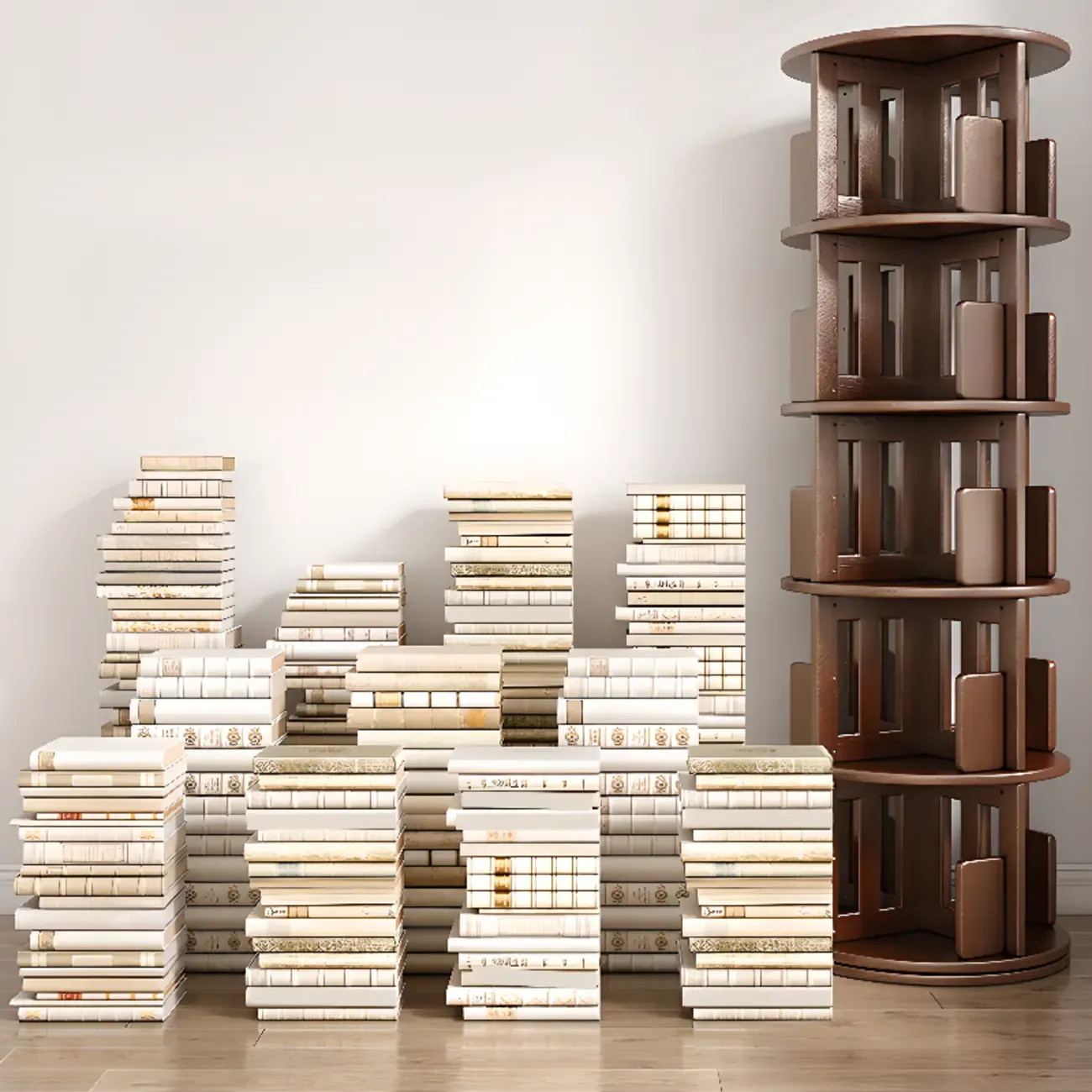 Medium Rotatable Nut-brown Wooden Vertical Bookcase Image - 3