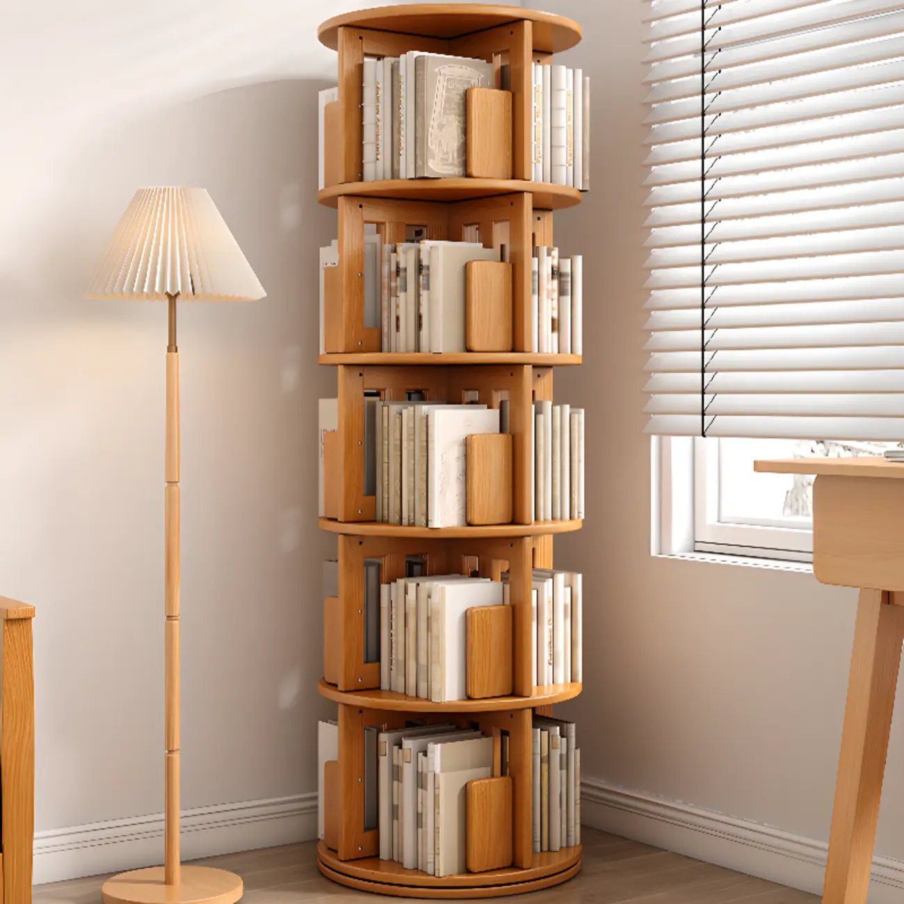 Medium Rotatable Nut-brown Wooden Vertical Bookcase Image - 2 | homeyfad