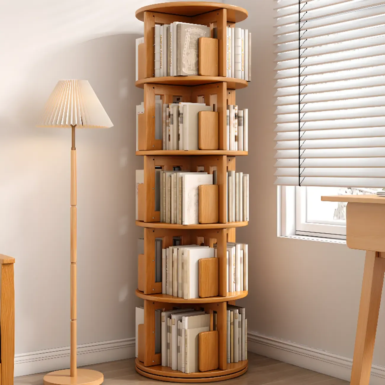 Medium Rotatable Nut-brown Wooden Vertical Bookcase Image - 2