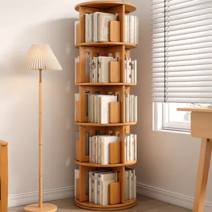 Medium Rotatable Nut-brown Wooden Vertical Bookcase Image - 2