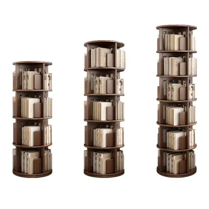 Medium Rotatable Nut-brown Wooden Vertical Bookcase Image - 10