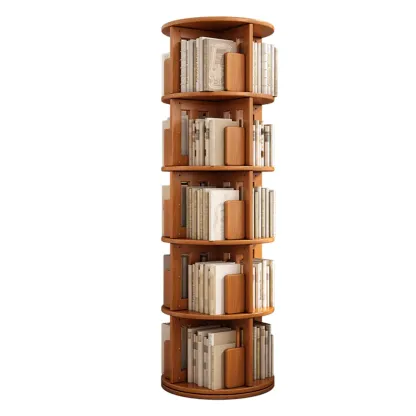 Medium Rotatable Nut-brown Wooden Vertical Bookcase Image - 19