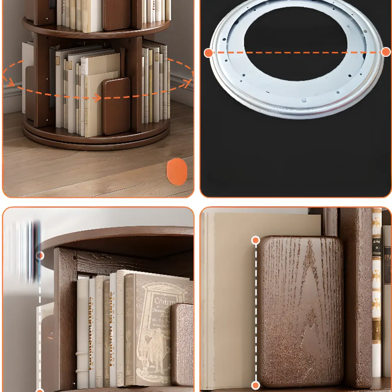 Medium Rotatable Nut-brown Wooden Vertical Bookcase Image - 8