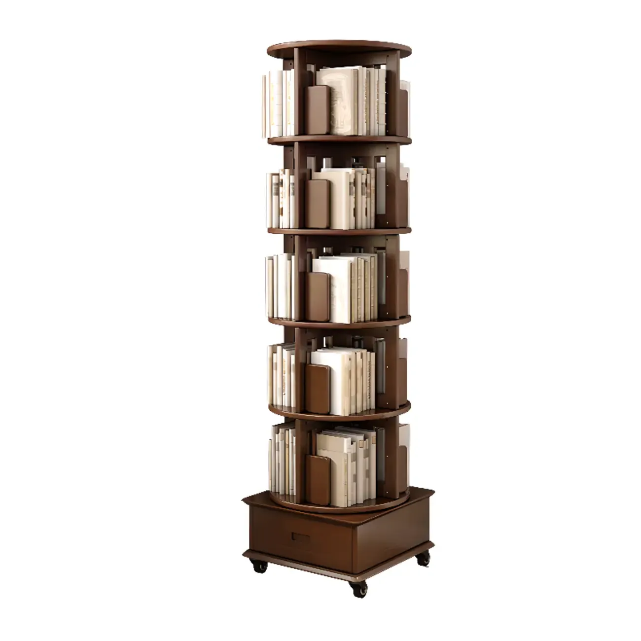 Medium Rotatable Nut-brown Wooden Vertical Bookcase Image - 24