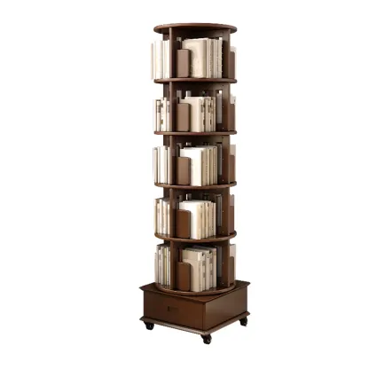 Medium Rotatable Nut-brown Wooden Vertical Bookcase Image - 24
