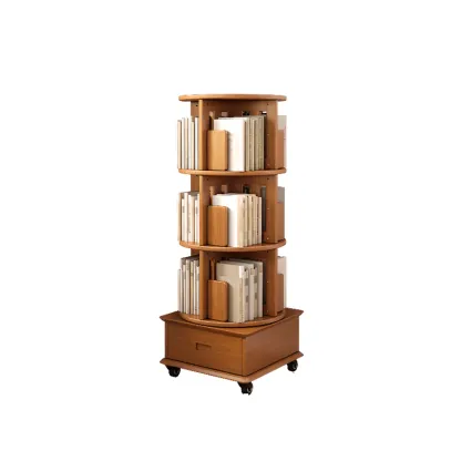Medium Rotatable Nut-brown Wooden Vertical Bookcase Image - 16