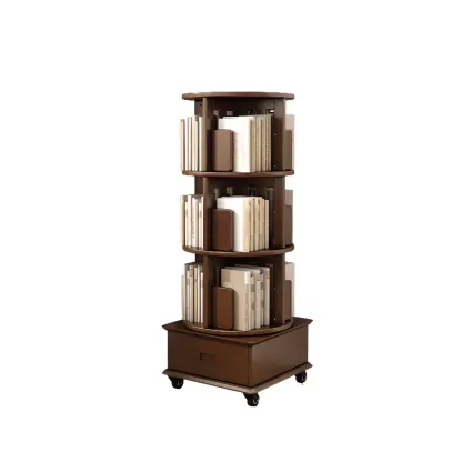 Medium Rotatable Nut-brown Wooden Vertical Bookcase Image - 15