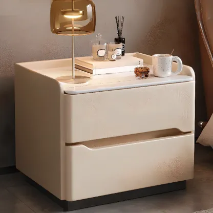 Modern Leather Tray Stone Top 2 Drawers Nightstand Image - 2