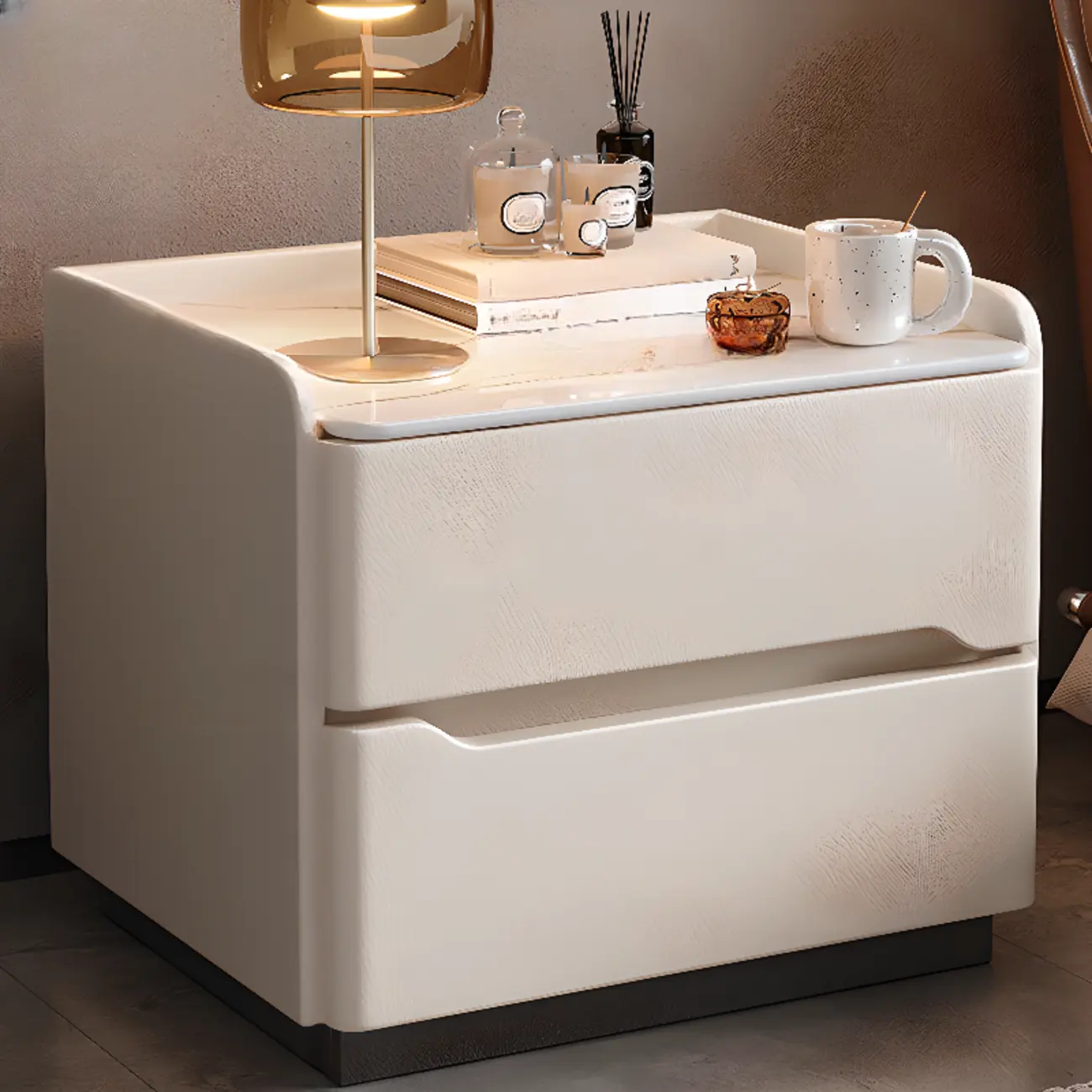 Modern Leather Tray Stone Top 2 Drawers Nightstand Image - 3 | homeyfad
