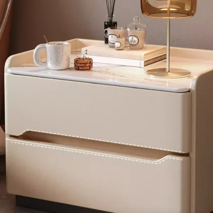 Modern Leather Tray Stone Top 2 Drawers Nightstand Image - 4