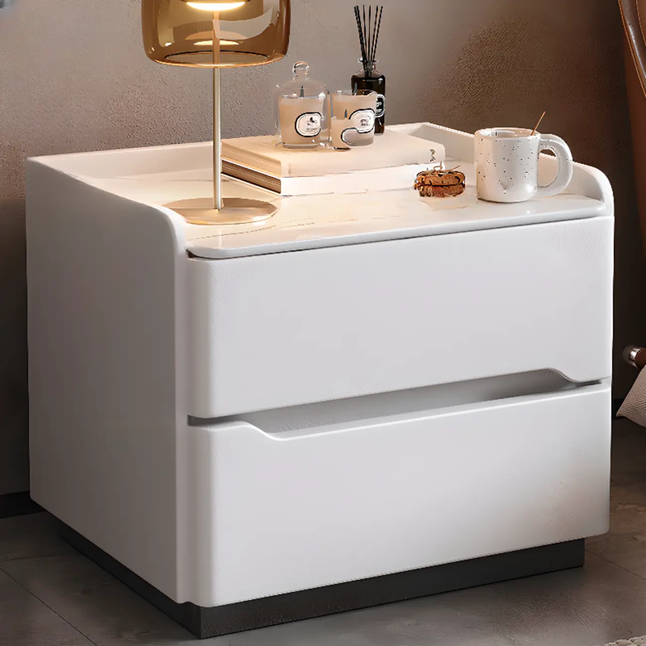 Modern Leather Tray Stone Top 2 Drawers Nightstand Image - 5 | homeyfad