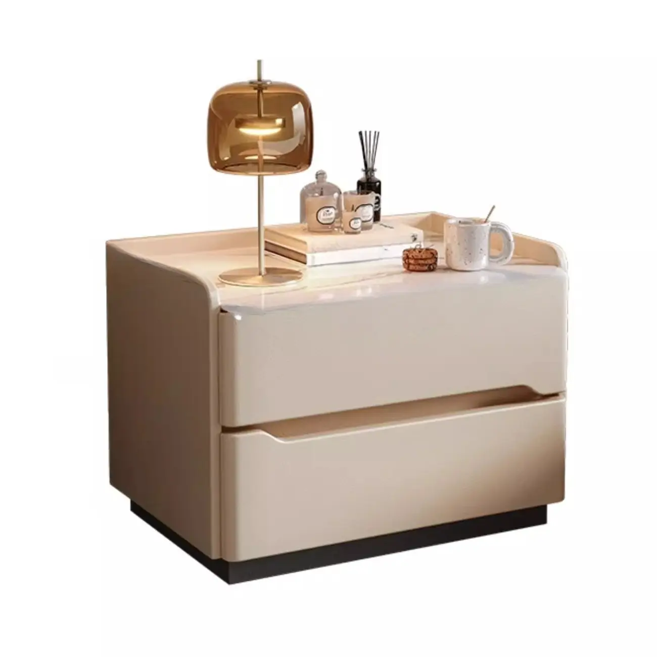 Modern Leather Tray Stone Top 2 Drawers Nightstand Image - 6 | homeyfad