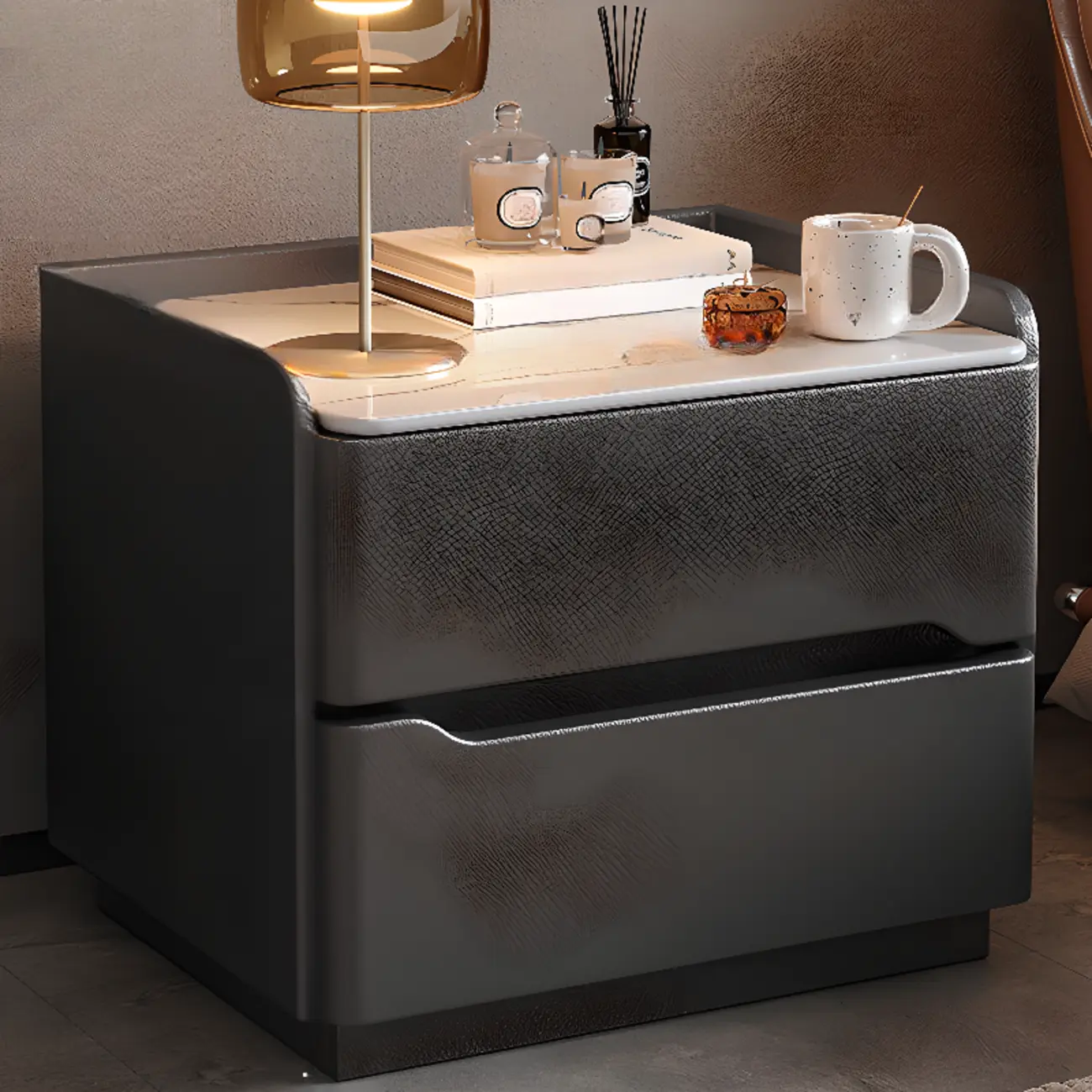 Modern Leather Tray Stone Top 2 Drawers Nightstand Image - 7 | homeyfad