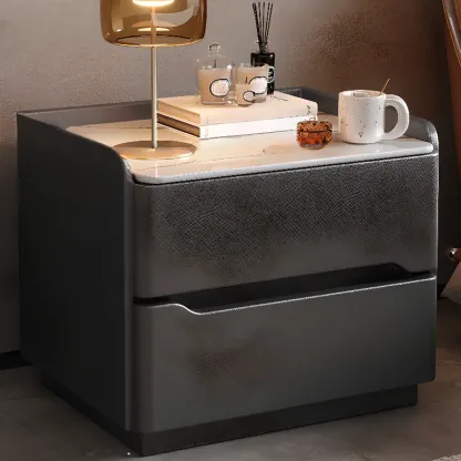 Modern Leather Tray Stone Top 2 Drawers Nightstand Image - 7