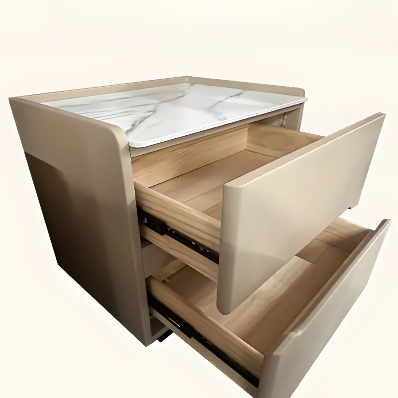 Modern Leather Tray Stone Top 2 Drawers Nightstand Image - 8