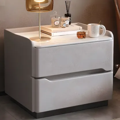 Modern Leather Tray Stone Top 2 Drawers Nightstand Image - 9