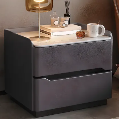Modern Leather Tray Stone Top 2 Drawers Nightstand Image - 11