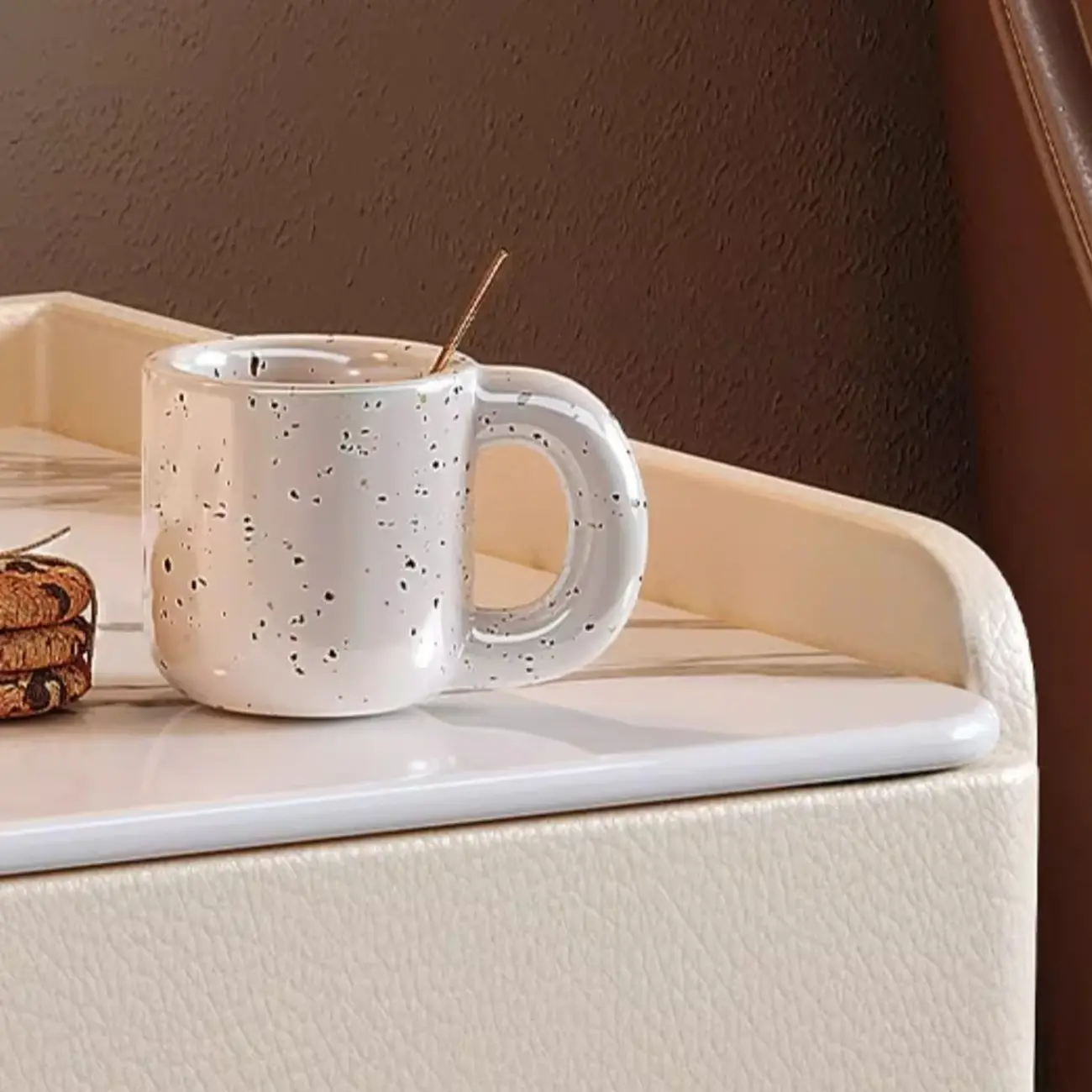 Modern Leather Tray Stone Top 2 Drawers Nightstand Image - 12 | homeyfad