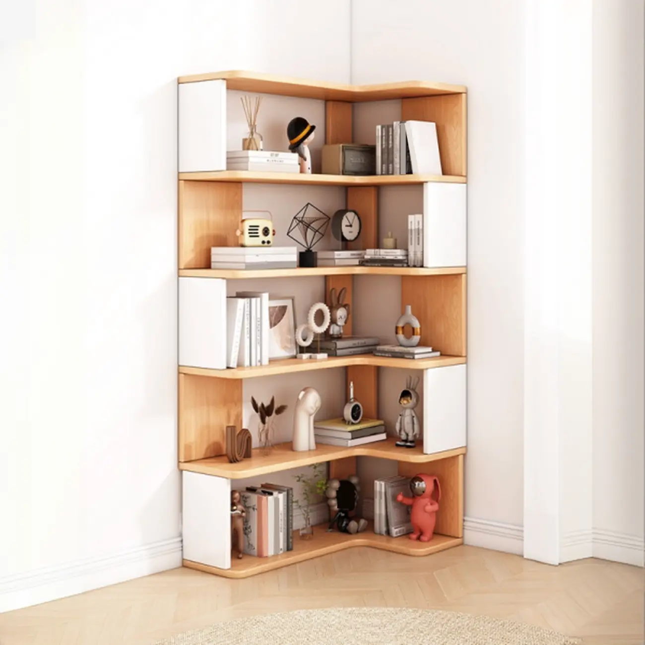 Space-saving Modern L-Shape Light Wood Corner Bookcase Image - 1 | homeyfad