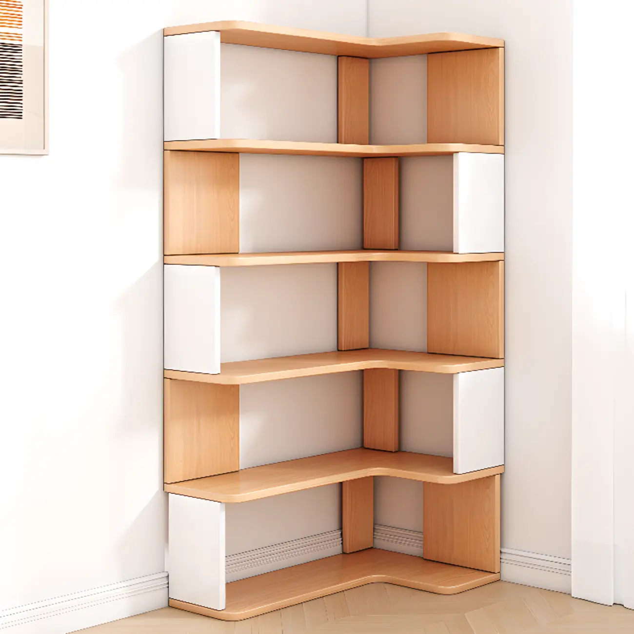 Space-saving Modern L-Shape Light Wood Corner Bookcase Image - 2 | homeyfad