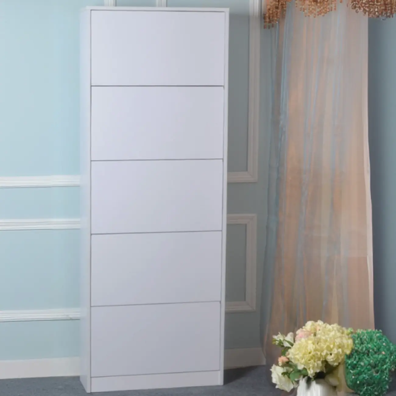 Hallway White Tall Wood Drop-Front Shoe Storage Image - 2 | homeyfad