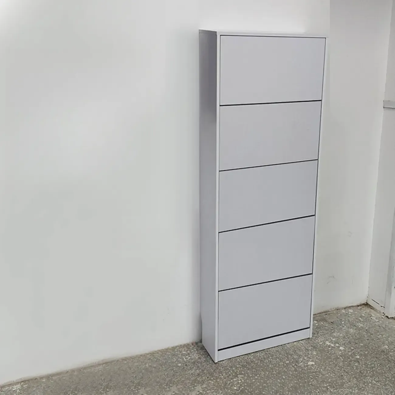 Hallway White Tall Wood Drop-Front Shoe Storage Image - 4