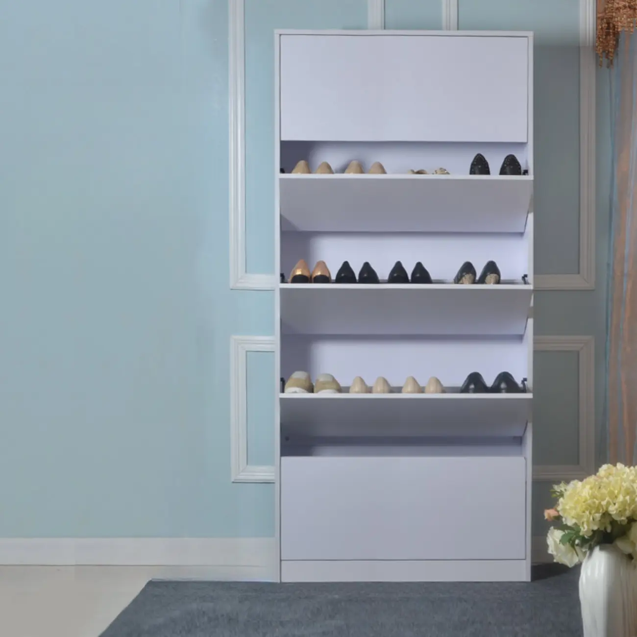 Hallway White Tall Wood Drop-Front Shoe Storage Image - 6 | homeyfad