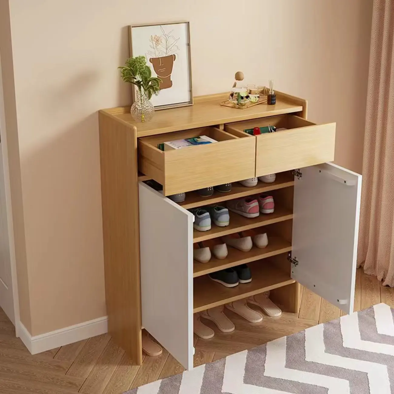 Entryway Solid Wood Shoe Cabinet with Adjustable Shelves Image - 2 | homeyfad