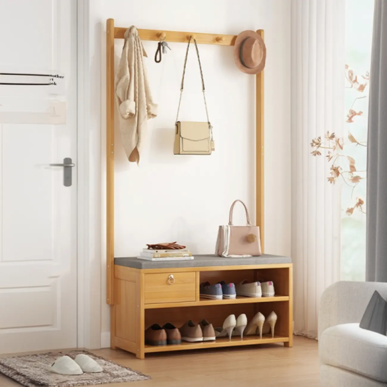 Nordic Wooden Hall Tree with Storage Bench for Entryway Image - 1 | homeyfad