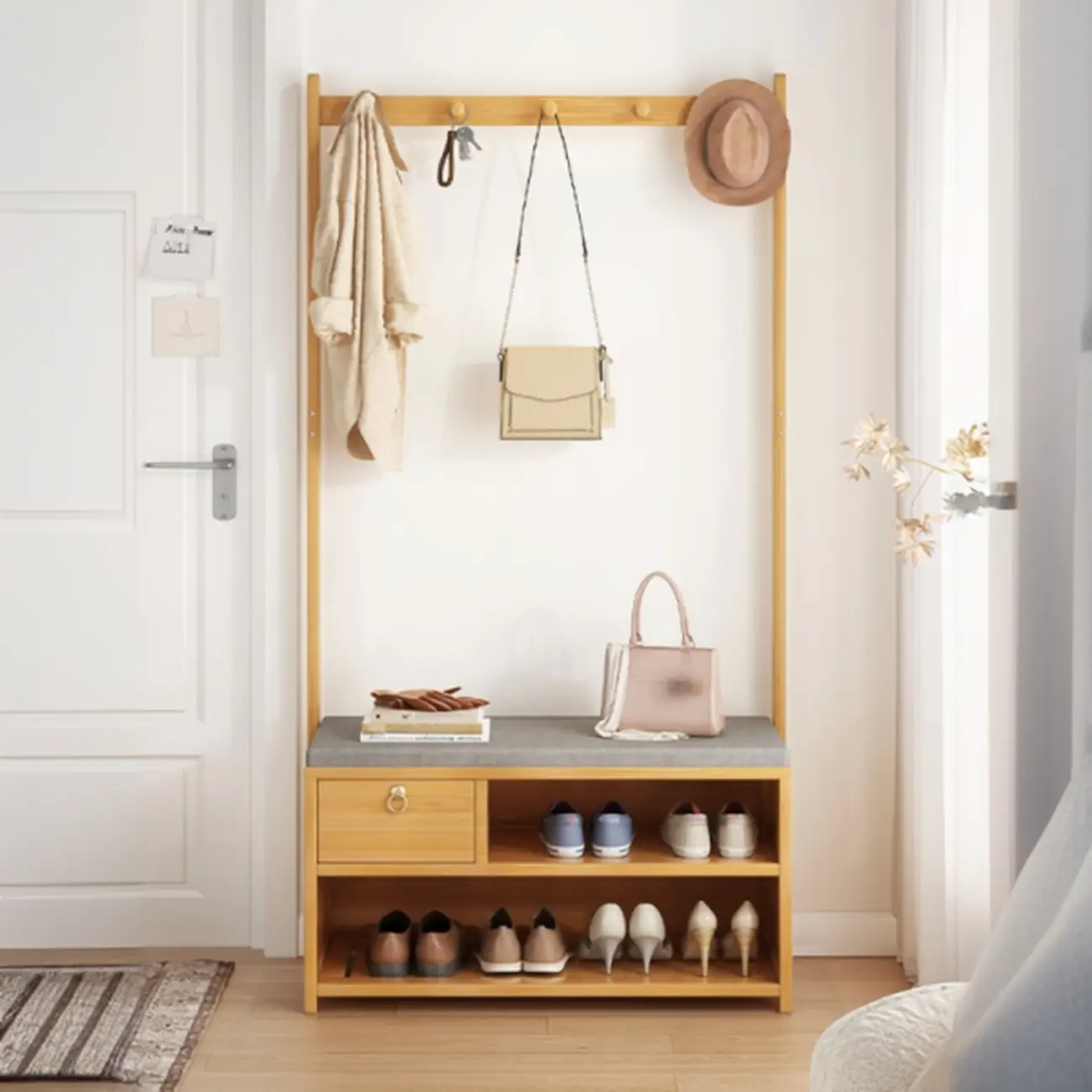 Nordic Wooden Hall Tree with Storage Bench for Entryway Image - 2 | homeyfad