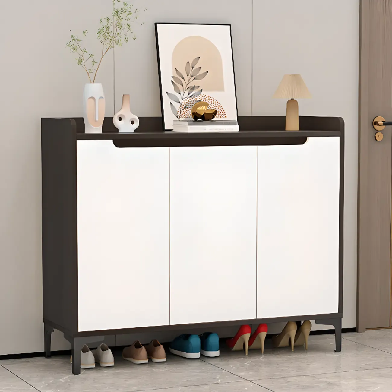 Sleek Milk Cocoa Wood Shoe Cabinet with Display Top Image - 1