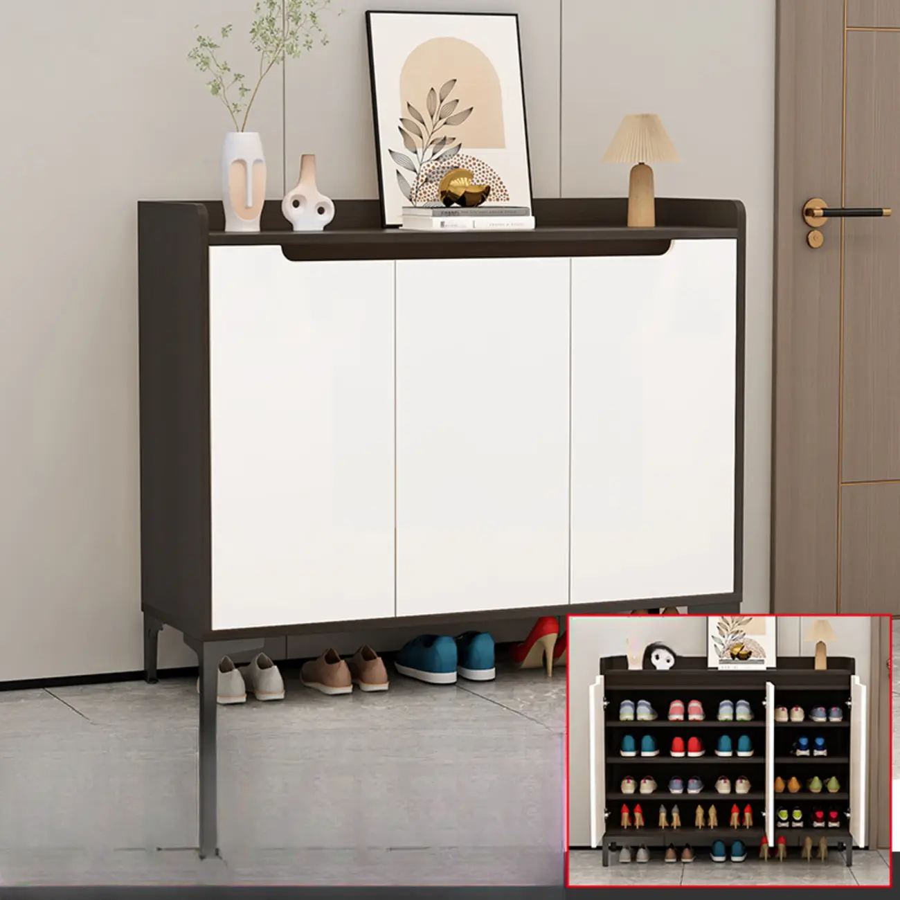 Sleek Milk Cocoa Wood Shoe Cabinet with Display Top Image - 3 | homeyfad