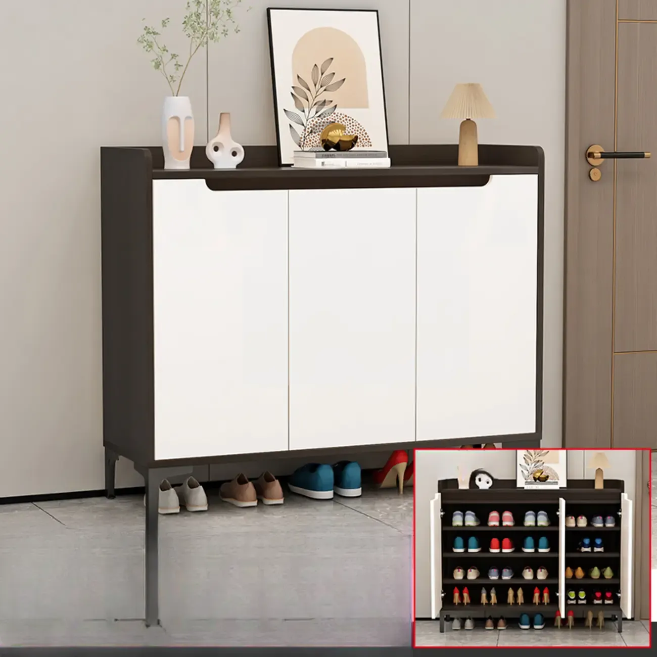 Sleek Milk Cocoa Wood Shoe Cabinet with Display Top Image - 3