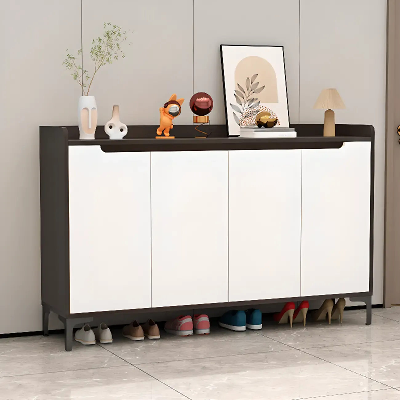 Sleek Milk Cocoa Wood Shoe Cabinet with Display Top Image - 6
