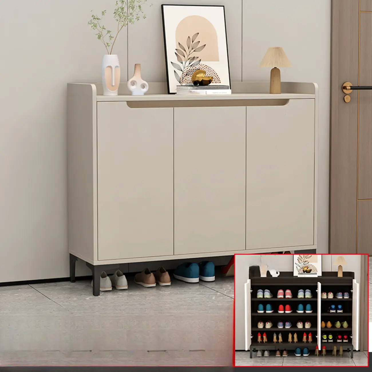 Sleek Milk Cocoa Wood Shoe Cabinet with Display Top Image - 9 | homeyfad