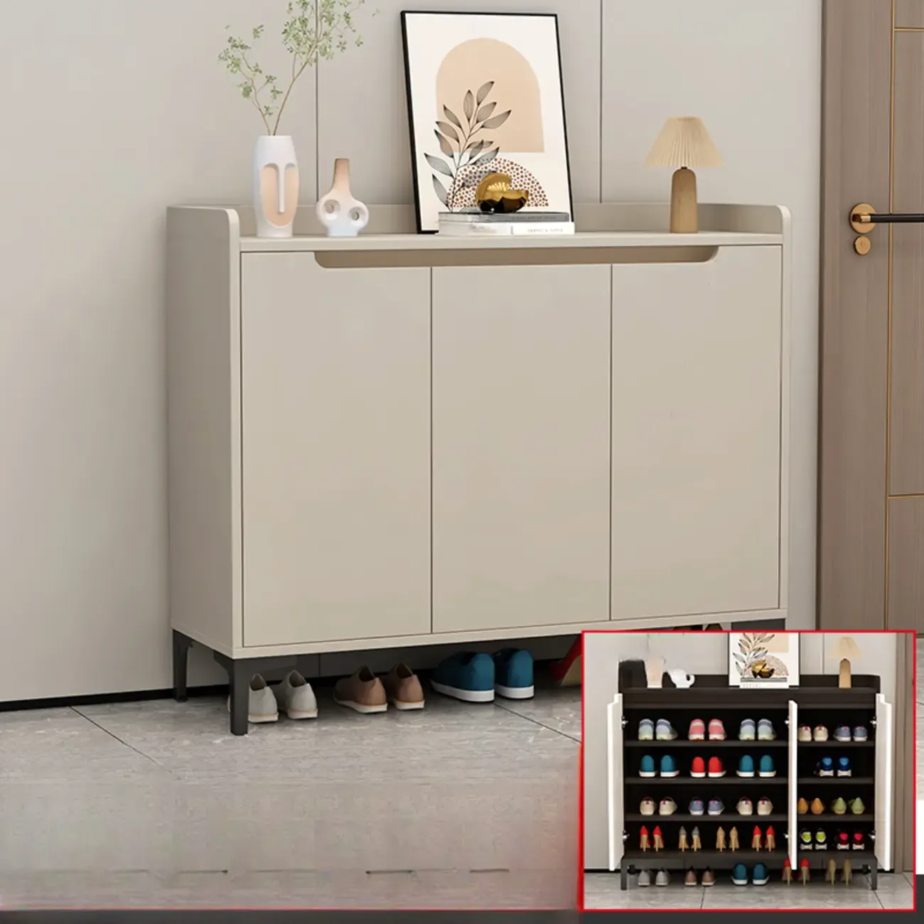 Sleek Milk Cocoa Wood Shoe Cabinet with Display Top Image - 9