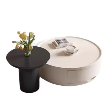 Modern Wood Black White Round Drawer Coffee Table Image - 5