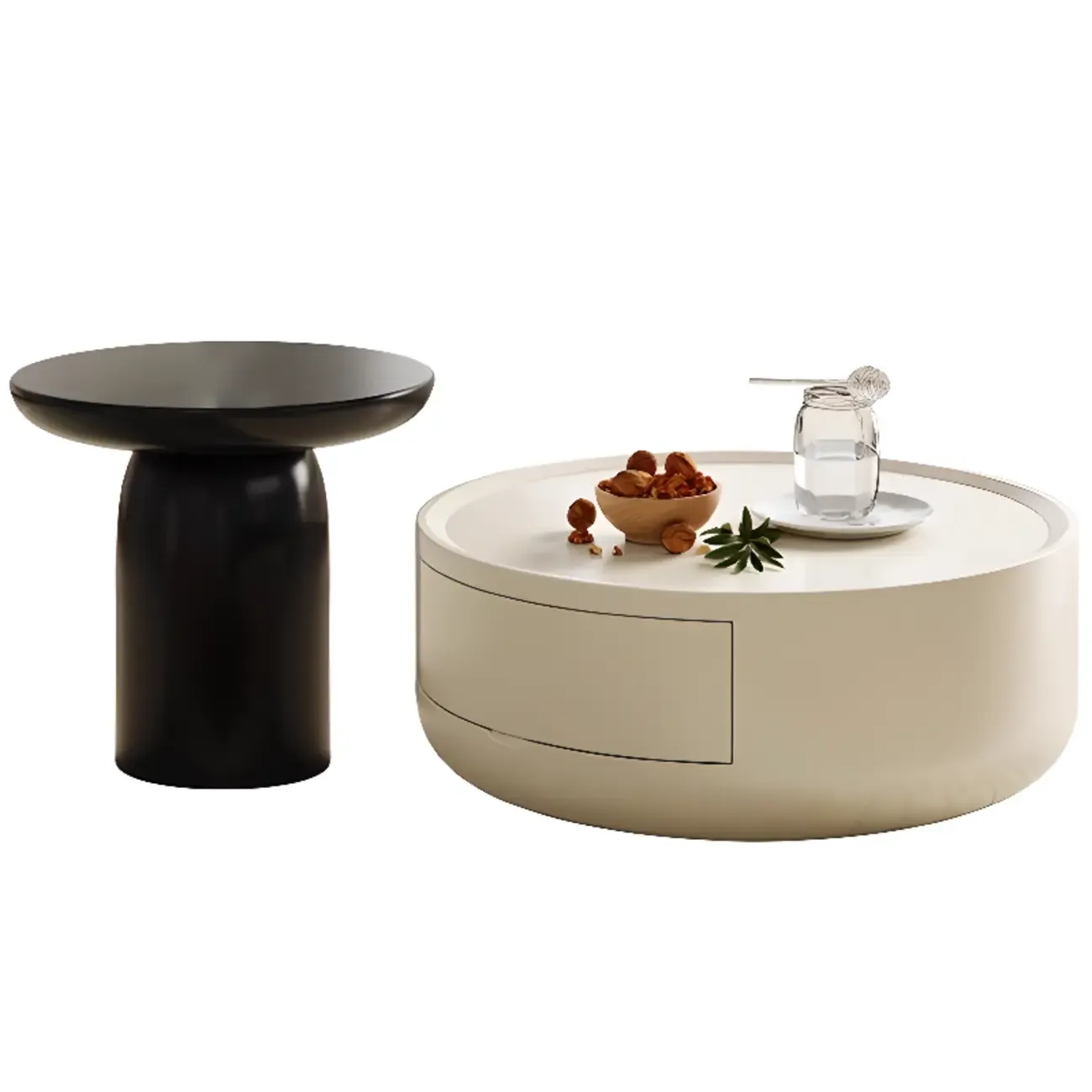 Modern Wood Black White Round Drawer Coffee Table Image - 7