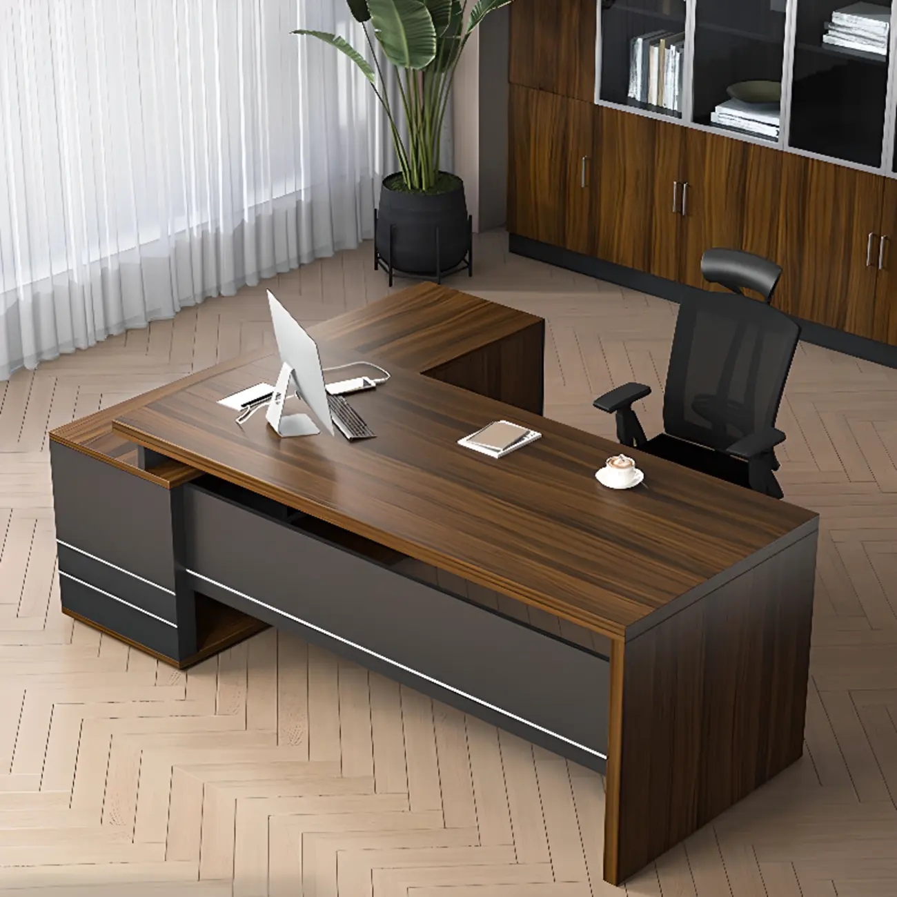 Brown Wood Executive L-Shape Desk with Cable Management Image - 1 | homeyfad