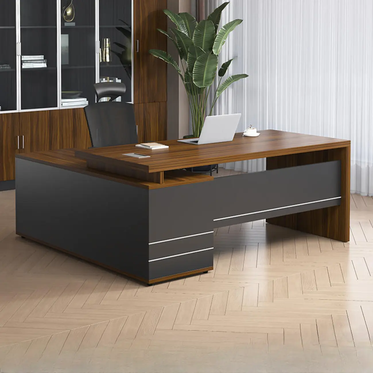 Brown Wood Executive L-Shape Desk with Cable Management Image - 2 | homeyfad