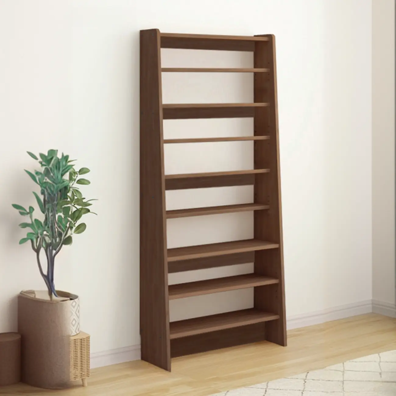 Walnut 7-Tier Light Wood Ladder Shelf Open Bookcase Image - 8 | homeyfad