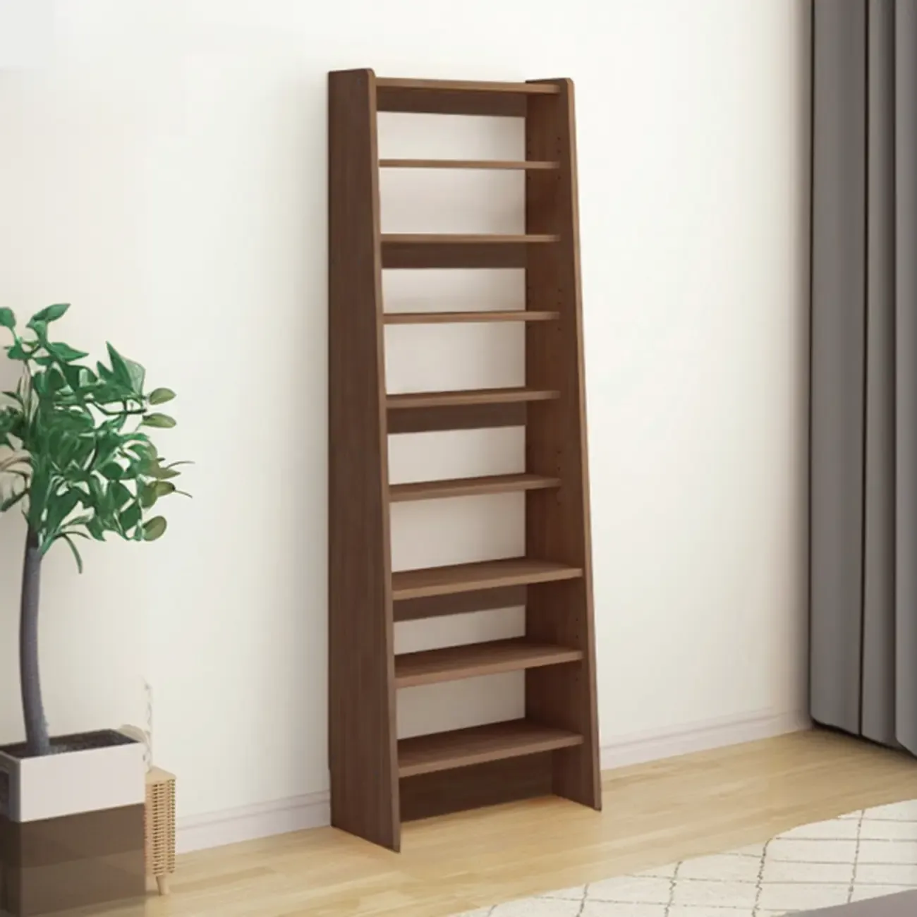 Walnut 7-Tier Light Wood Ladder Shelf Open Bookcase Image - 9