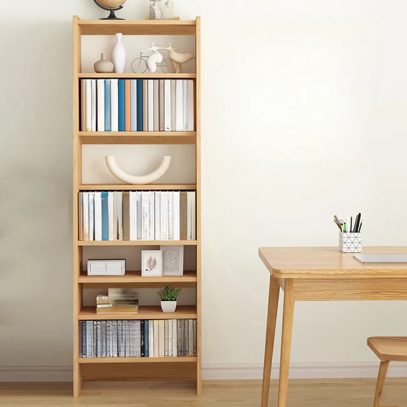 Walnut 7-Tier Light Wood Ladder Shelf Open Bookcase Image - 15 | homeyfad