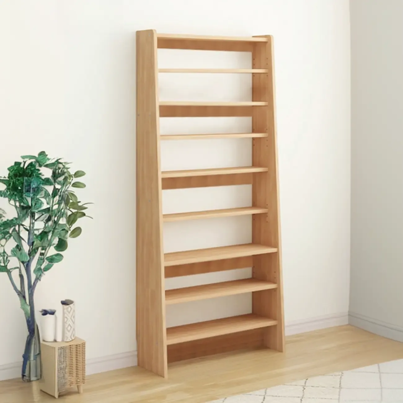 Walnut 7-Tier Light Wood Ladder Shelf Open Bookcase Image - 16