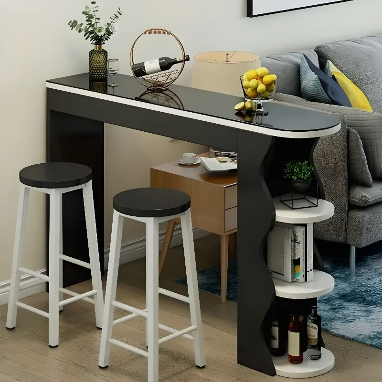 Irregular Coal Toughened Glass Wooden Storage Bar Tables Image - 3