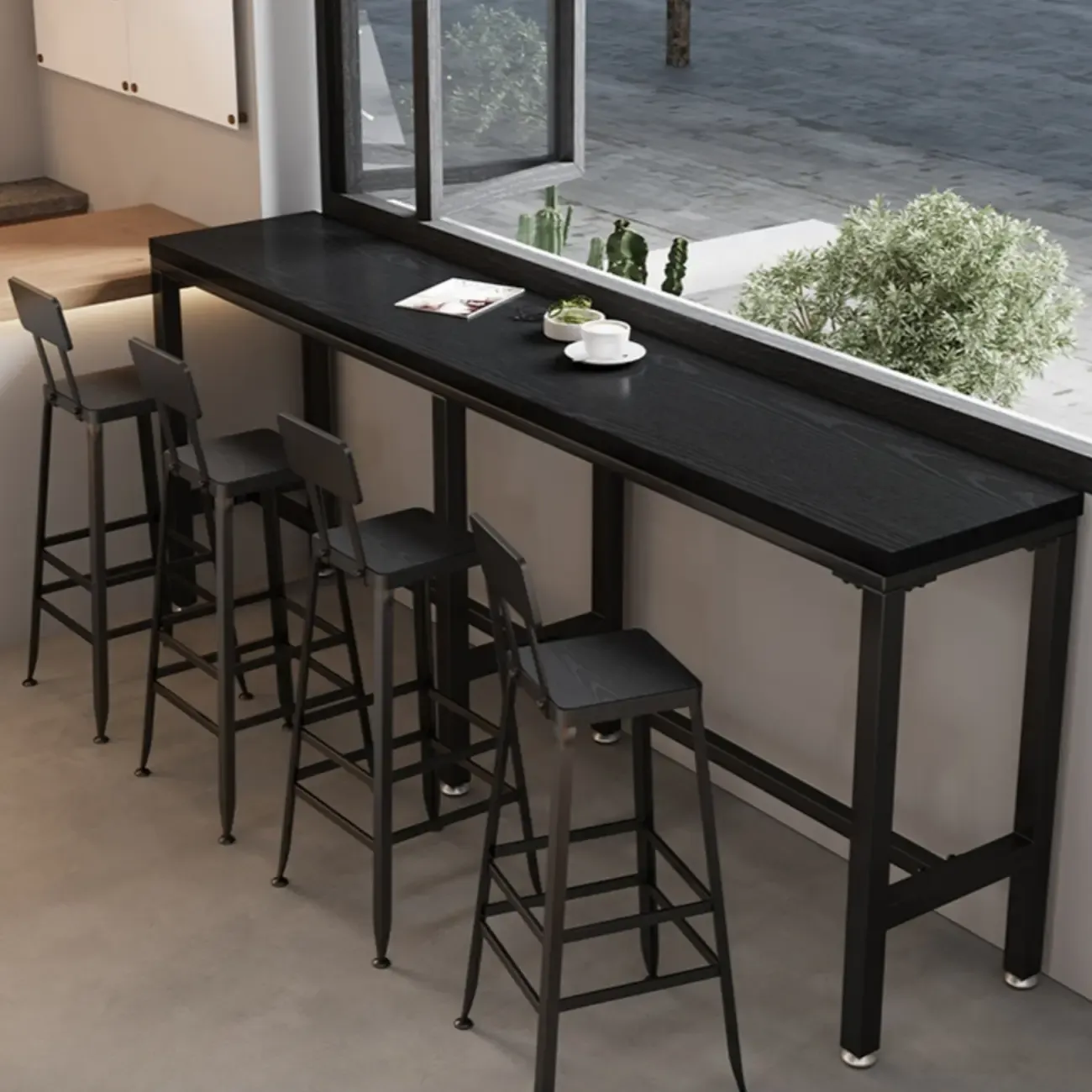 Modern Black Pine Wood Metal Bar Tables with Footrest Image - 1