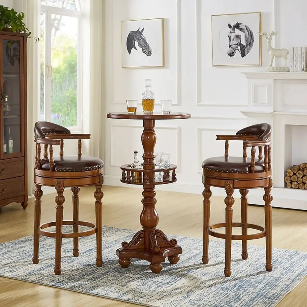 Traditional Brown Rubberwood Cushioned Bar Stools Image - 1