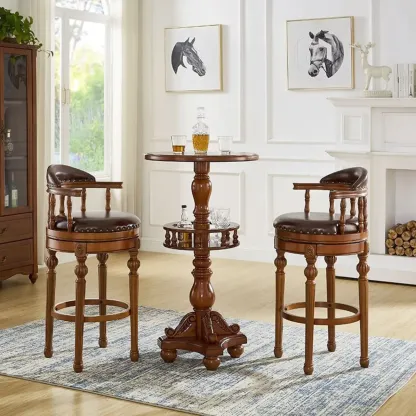 Traditional Brown Rubberwood Cushioned Bar Stools Image - 1