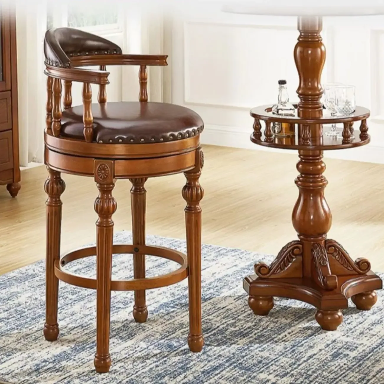 Traditional Brown Rubberwood Cushioned Bar Stools Image - 2