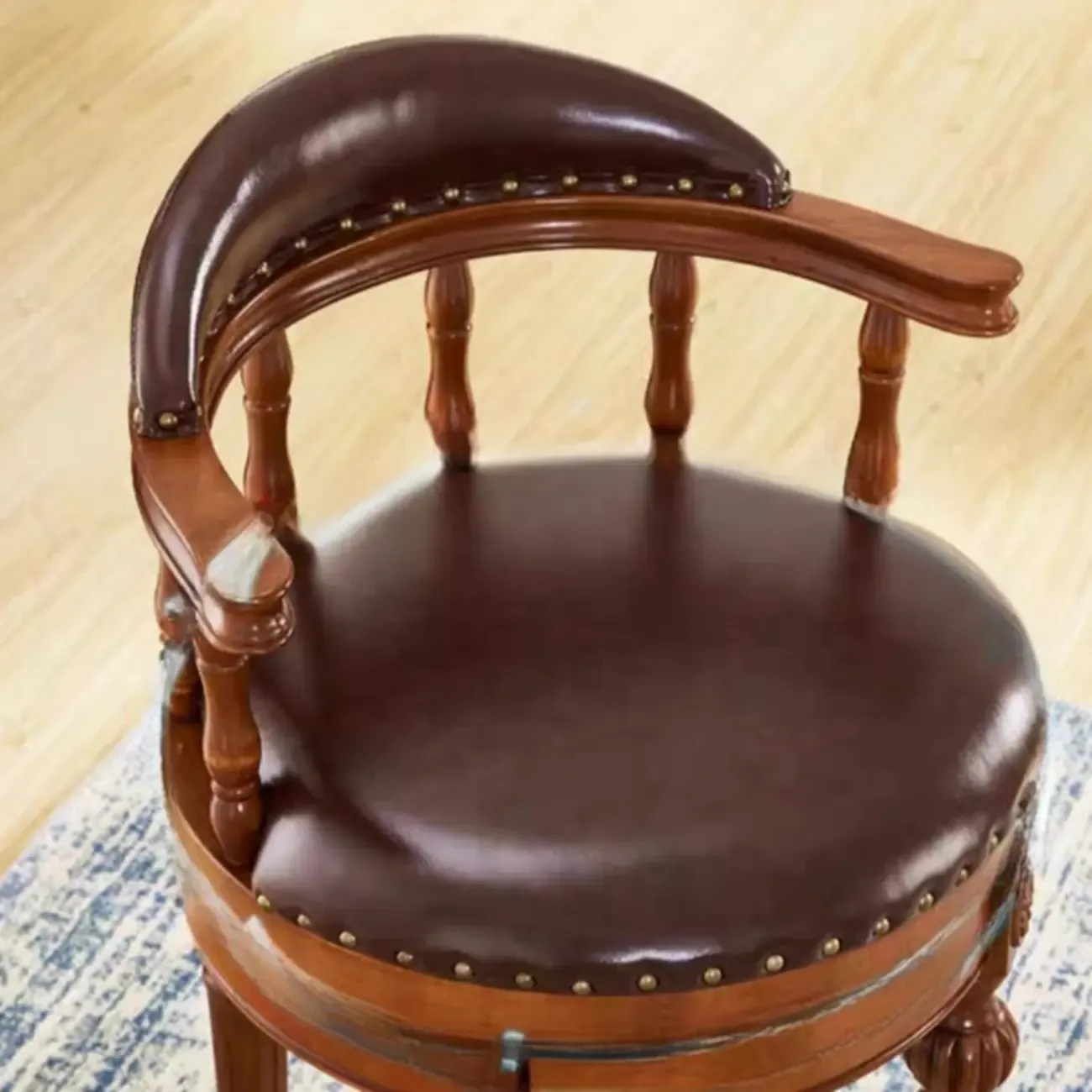 Traditional Brown Rubberwood Cushioned Bar Stools Image - 3